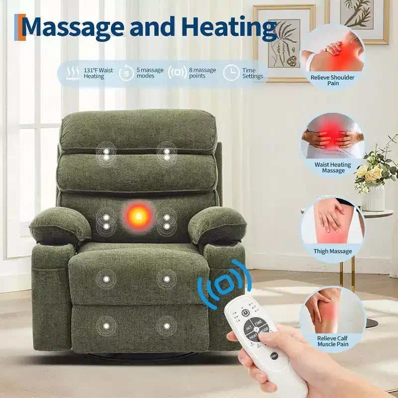 Massage Rocker Recliner with Heating, 360 Swivel Glider Recliner Chairs for Adults, Linen Nursery Chair with Side Pocket, Two Cup Holders