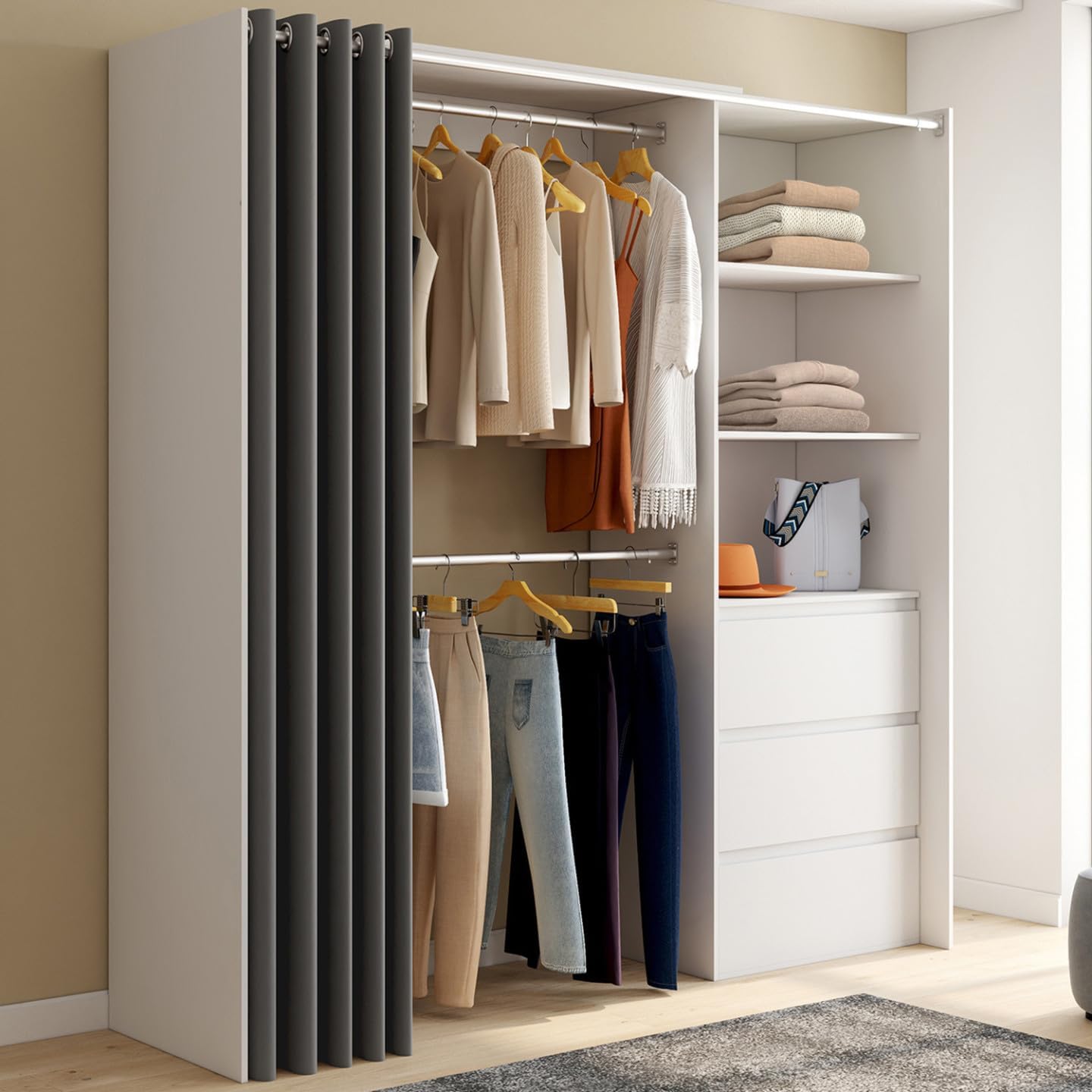 IDMarket - Dressing extensible MARTY 120/170 x 50 x 180 cm blanc avec 3 tiroirs + étagères + double penderie + rideau gris