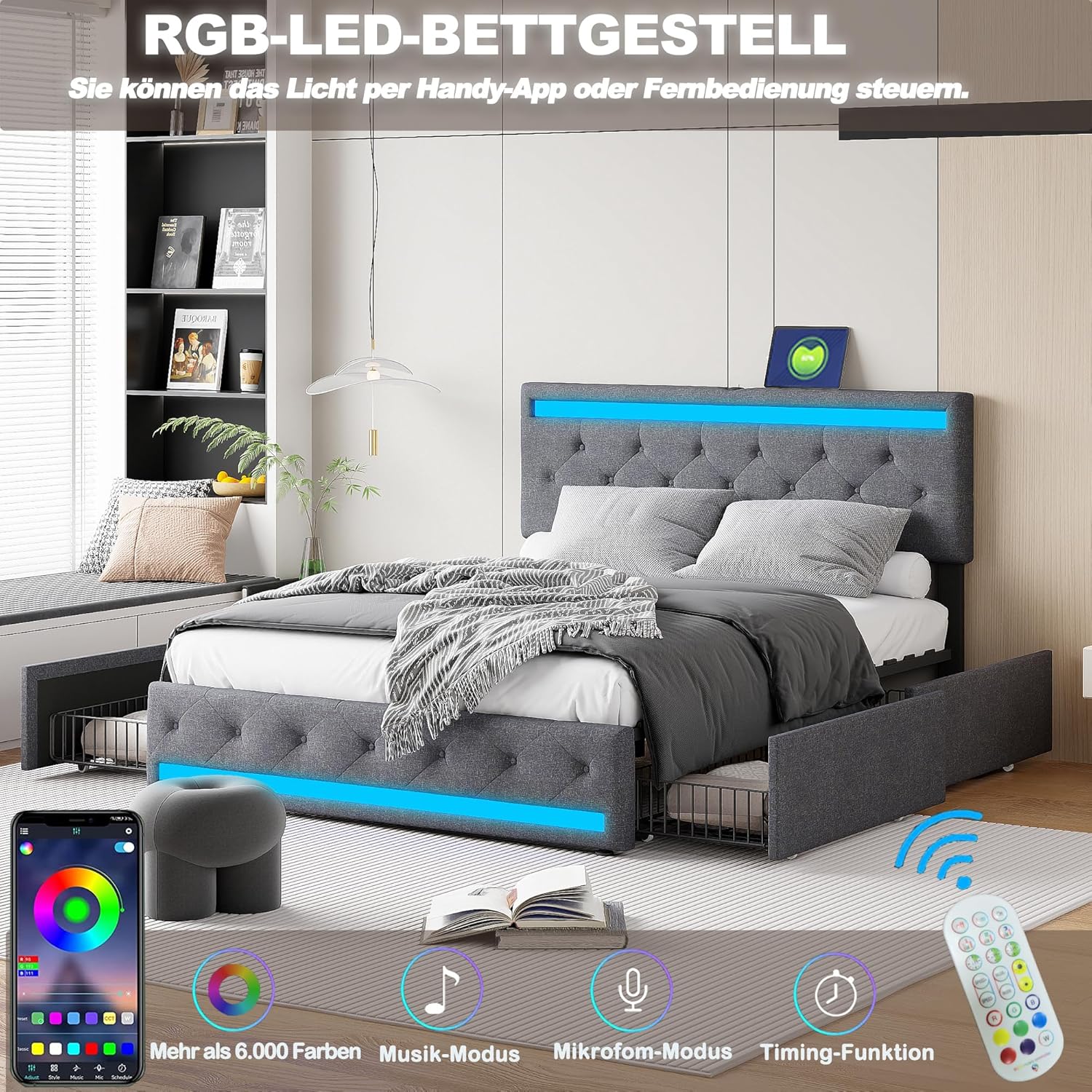 Lit double rembourré 140 x 190 cm avec 4 tiroirs, sommier à lattes, éclairage LED et ports USB, tête de lit réglable