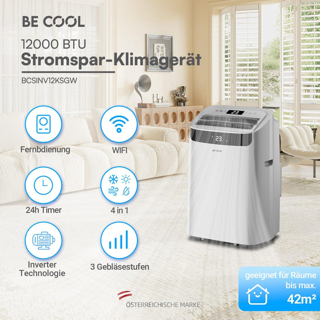 BE COOL Climatiseur mobile 12000 BTU avec chauffage et Wi-Fi, silencieux grâce à l'onduleur, climatiseur mobile 4 en 1 avec déshumidificateur et ventilateur, pour pièces jusqu'à 42 m², gris