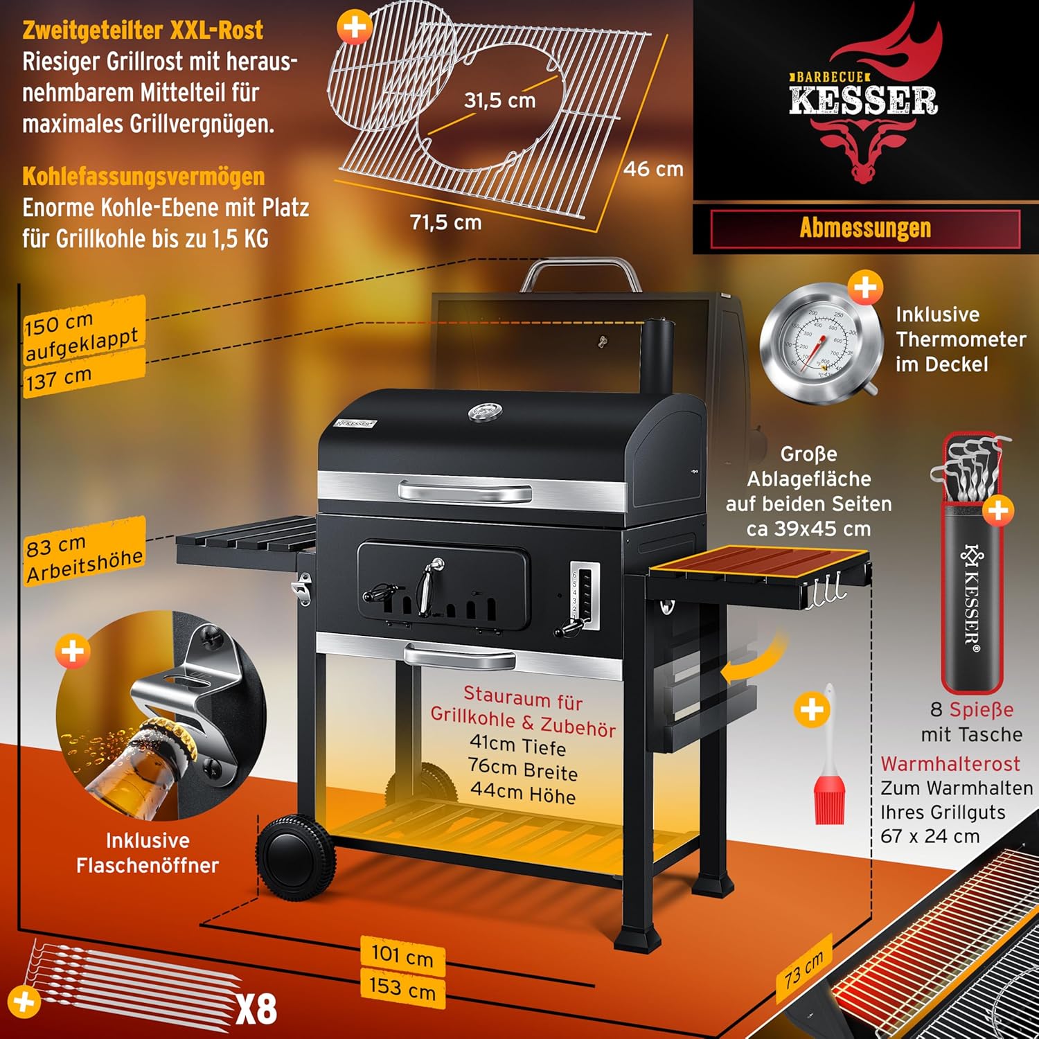 KESSER® Chariot à Barbecue , Grill XXL à Charbon de Bois avec Couvercle, Roues, poignée en Acier Inoxydable, Grille et thermomètre , Grand Barbecue au Charbon de Bois