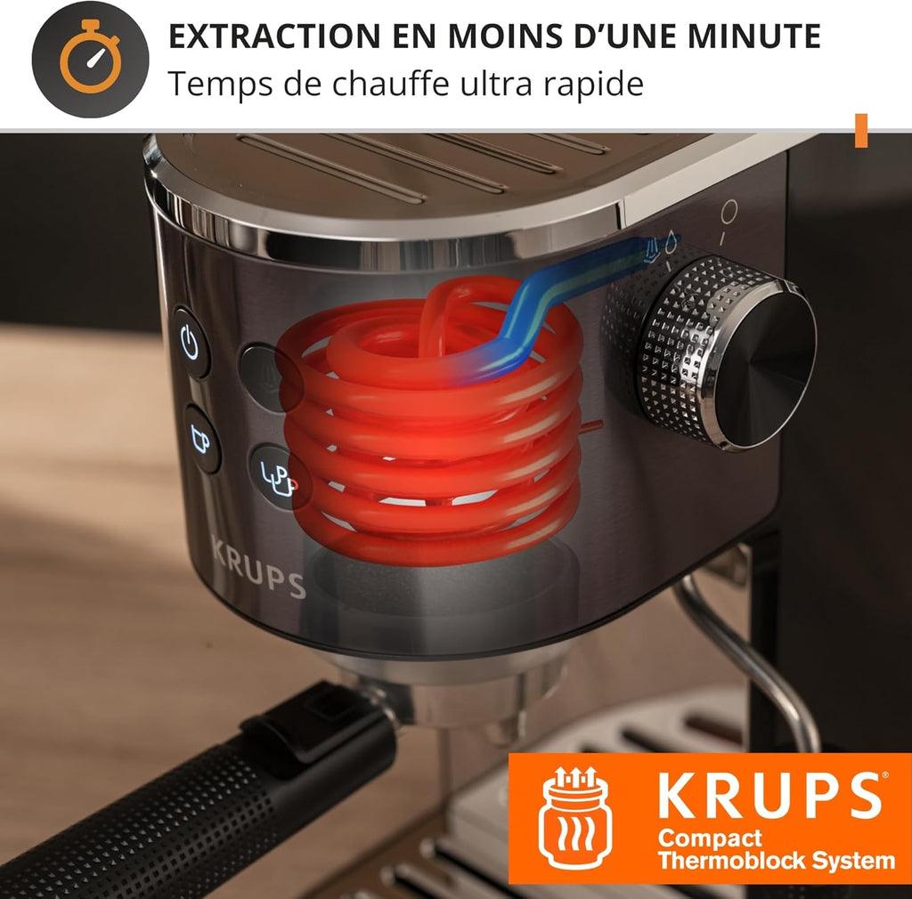Krups Virtuoso+, Machine expresso manuelle, Café à pompe, Café moulu ou dosettes, 15 bars, Inox, Buse vapeur, Espresso et cappuccino, Noire, XP444G10