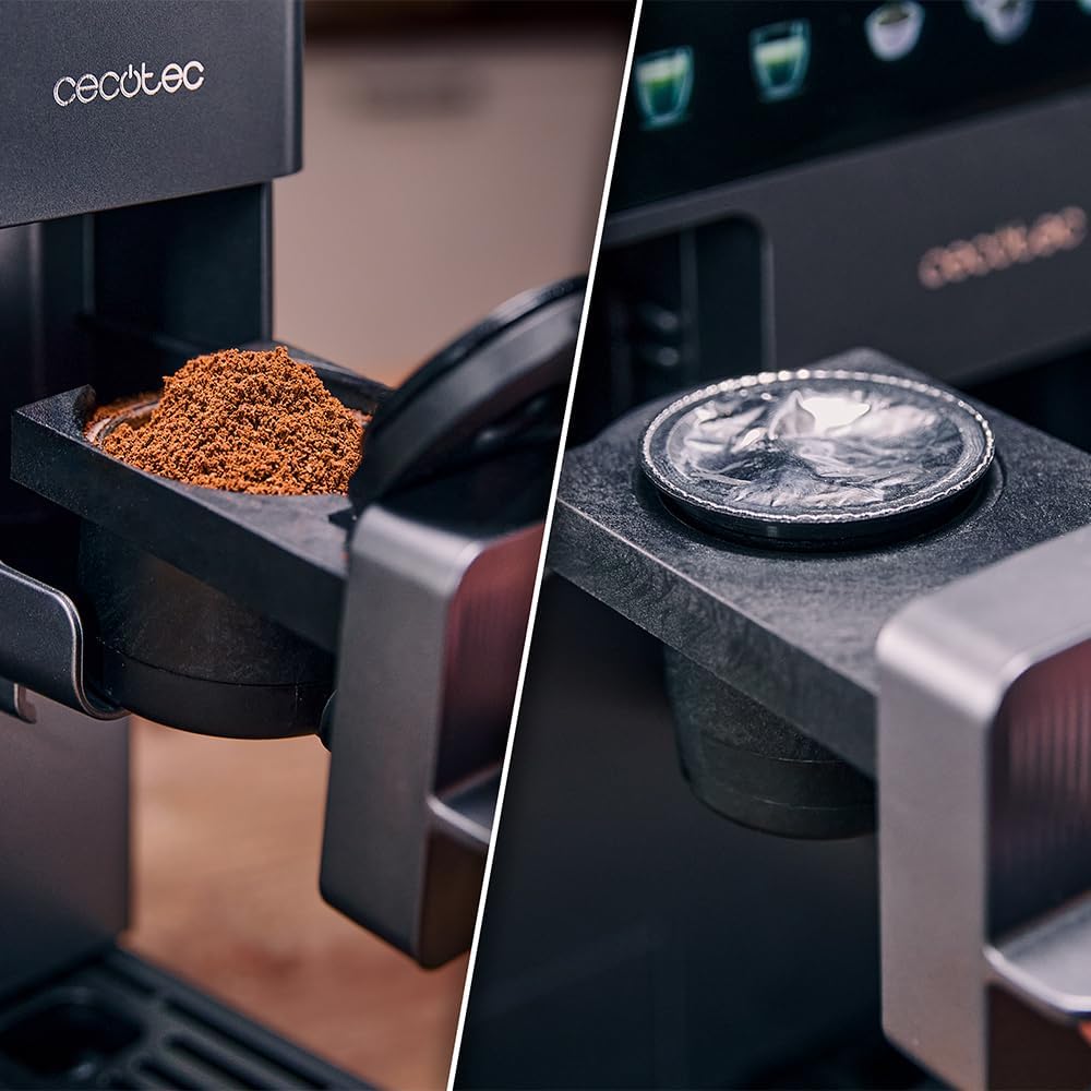 Cecotec Cafetière à Capsules Freestyle Grind & Latte. 1400W, 20 Bars, Multi-capsules, Café en Grains 40g, Moulin Conique, Réservoir d'Eau 1,6L, 300ml Lait, Thermoblock, Écran Tactile, Nettoyage Auto