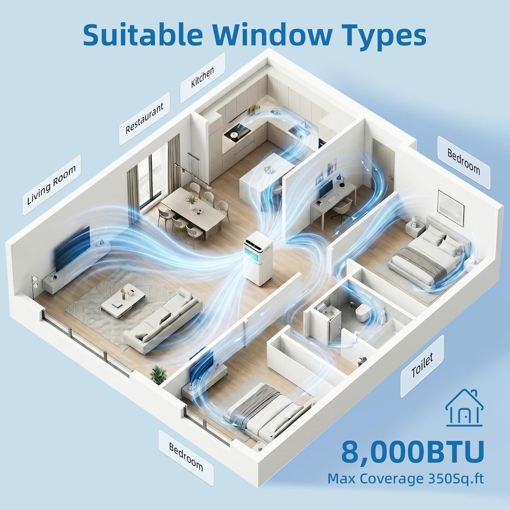 Climatiseur portable 8000 BTU, télécommande, mode ventilateur, refroidit 350 m², minuterie 24 heures, fonctionnement silencieux, fenêtre, 2 vitesses de ventilateur pour chambre à coucher, bureau