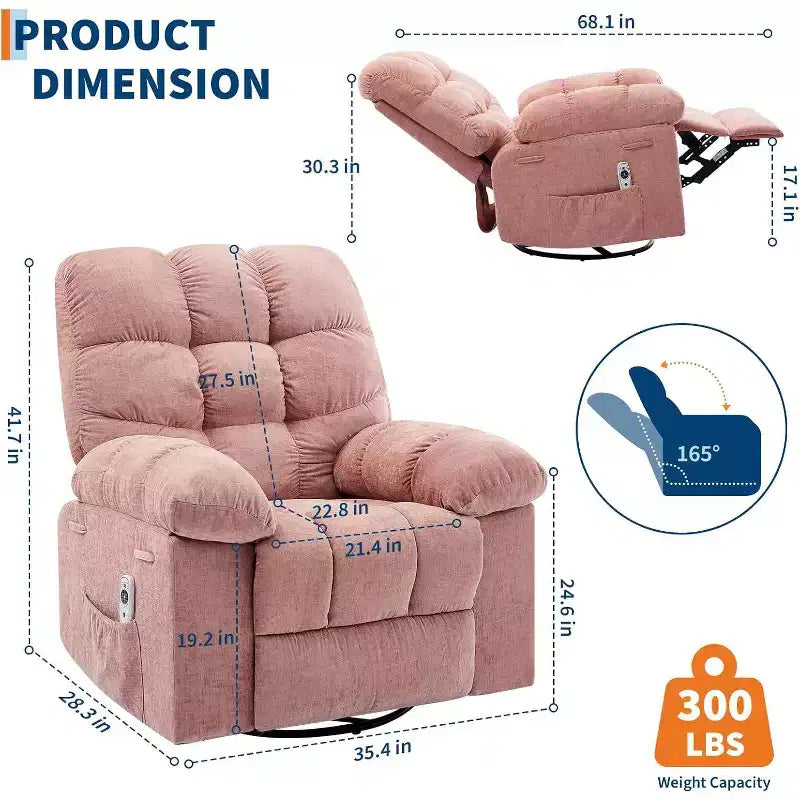 Massage Recliner Chair with Heat - 360 Swivel Rocker, Oversized Single Sofa w/ Vibration, USB & Storage Pockets for Living Room/Bedroom