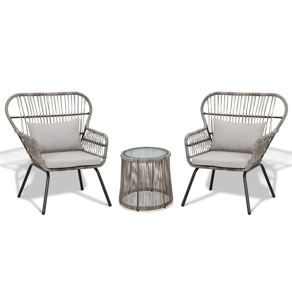 3 Piece Outdoor Wicker Conversation Bistro Set, All-Weather Rattan Furniture Patio Chairs Set with Cushions