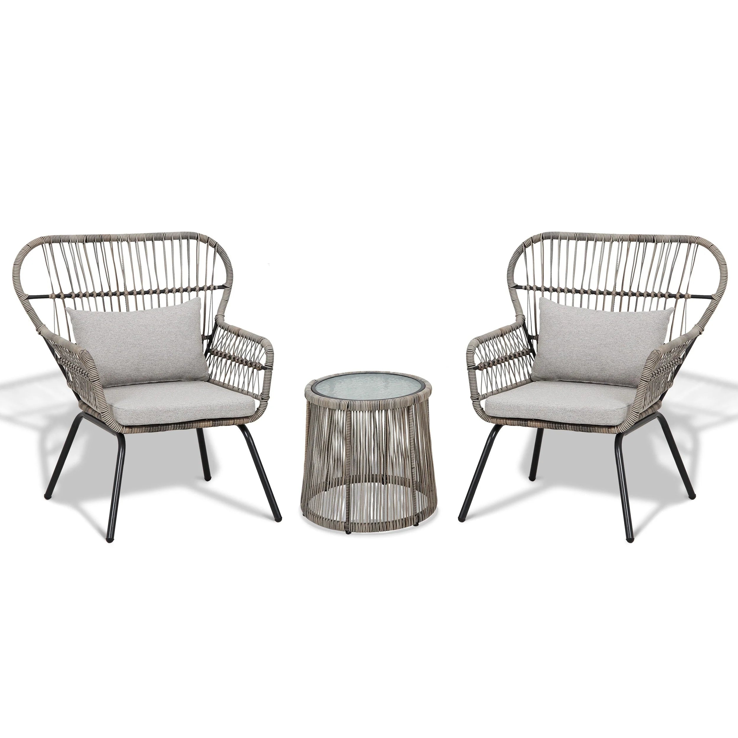 3 Piece Outdoor Wicker Conversation Bistro Set, All-Weather Rattan Furniture Patio Chairs Set with Cushions