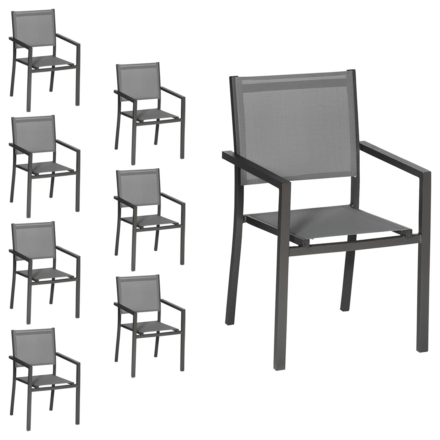 Lot de 8 chaises en aluminium anthracite - textilène gris -(SELLER_2006_77630)