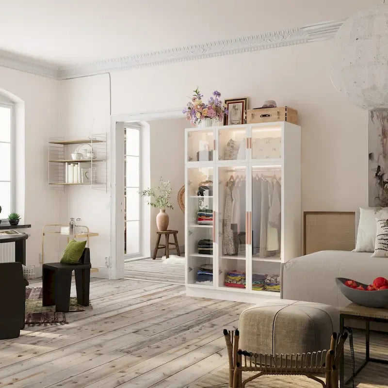 47.2 Wide Armoire LED Light All Glass Door Closet Cabinet Wardrobe