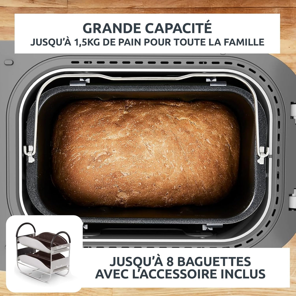 Moulinex Home Bread Baguette Machine à petits pains, 16 programmes, Résultats homogènes, Jusqu'à 1,5 kg de pain frais, Plaques croustillants, 3 niveaux de dorage OW610110, Blanc