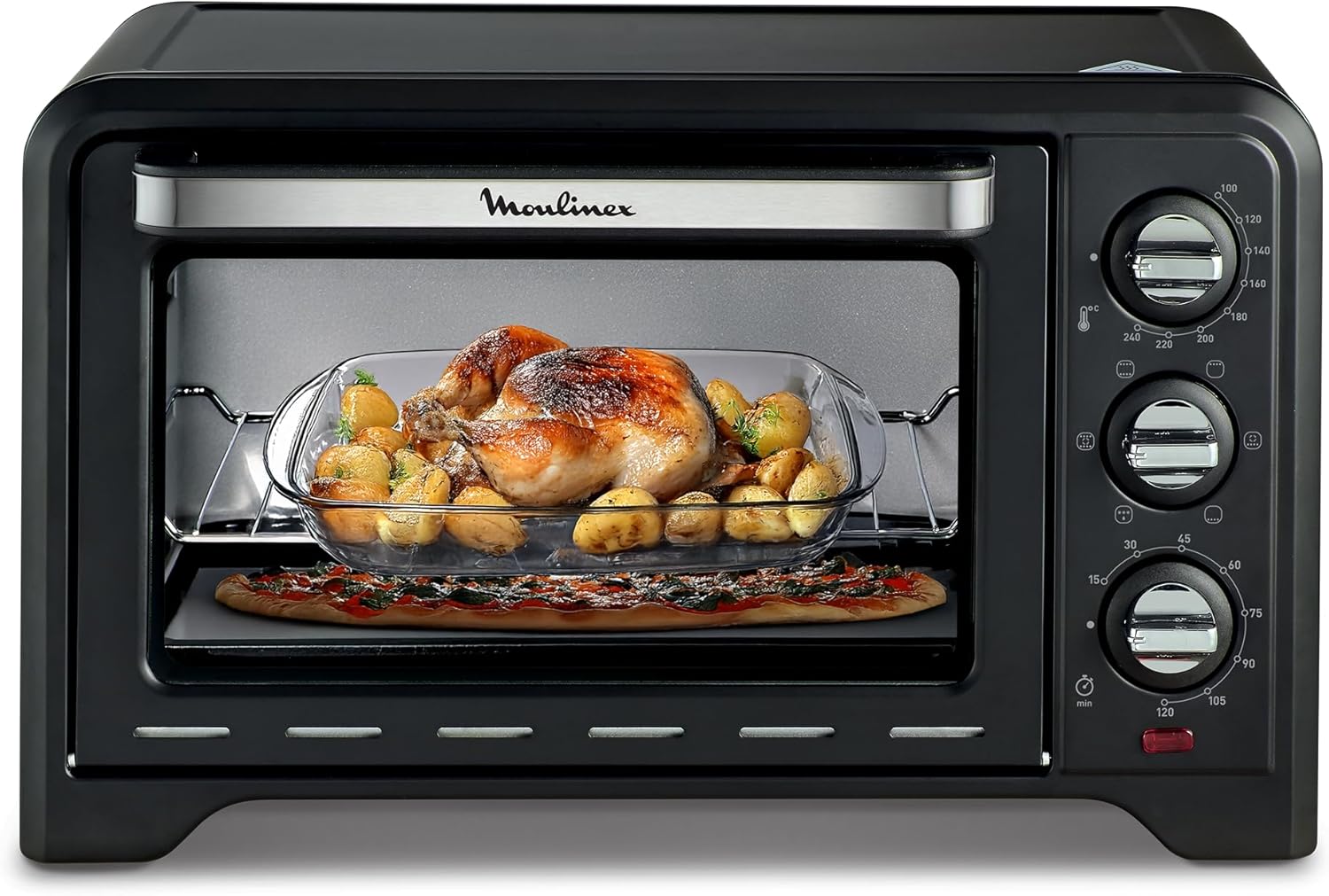 Moulinex Four posable 33 L, Chaleur tournante, Convection de pointe, 6 modes de cuisson, Thermostat réglable jusqu'à 240 °C, Timer 120 min, Grille réversible, Maniques silicone, Optimo Noir OX464811