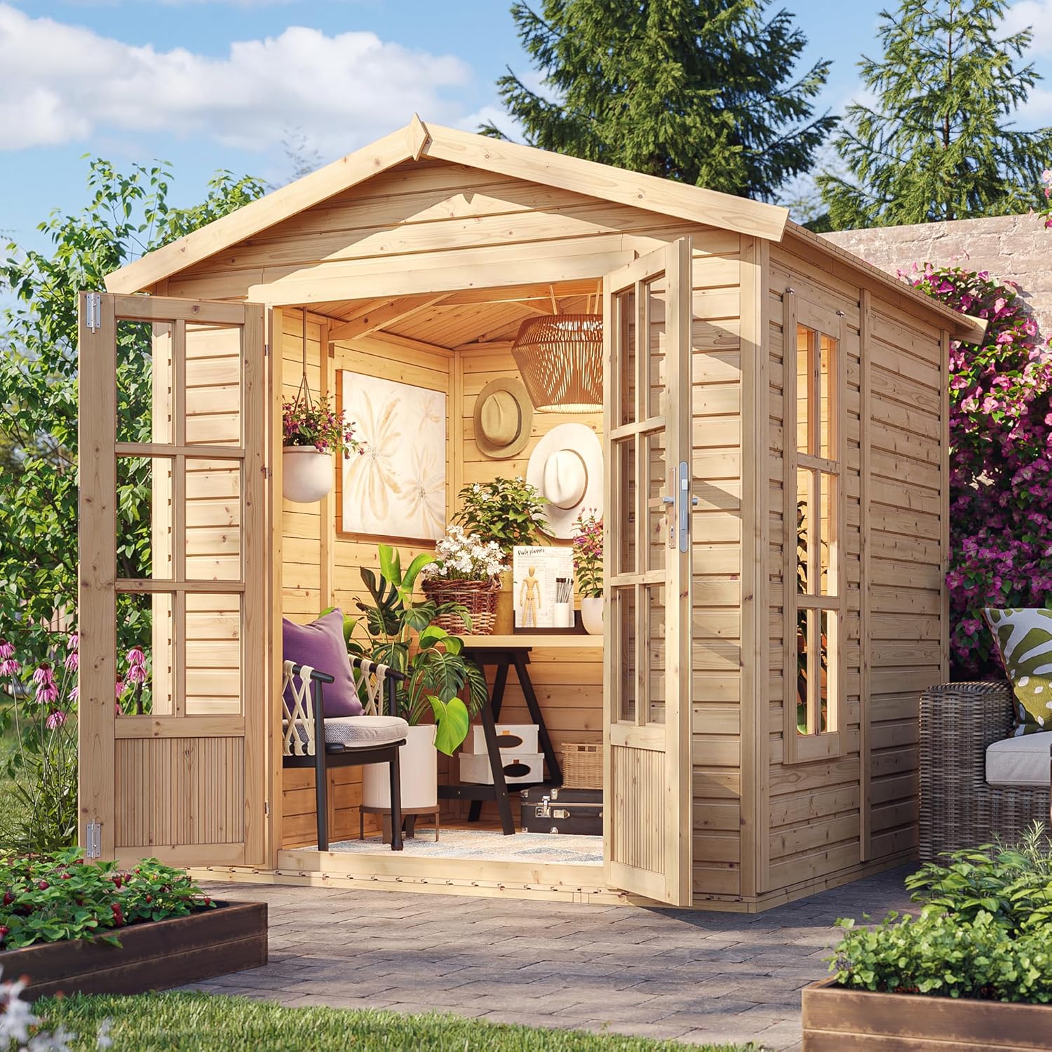 TIMBELA M351FB Cabane en Bois avec Plancher et Bardeaux Bitumineux Rouges, L233xP222xH233 cm – Abri Multifonctionnel, Bureau, Atelier, Studio Jardin