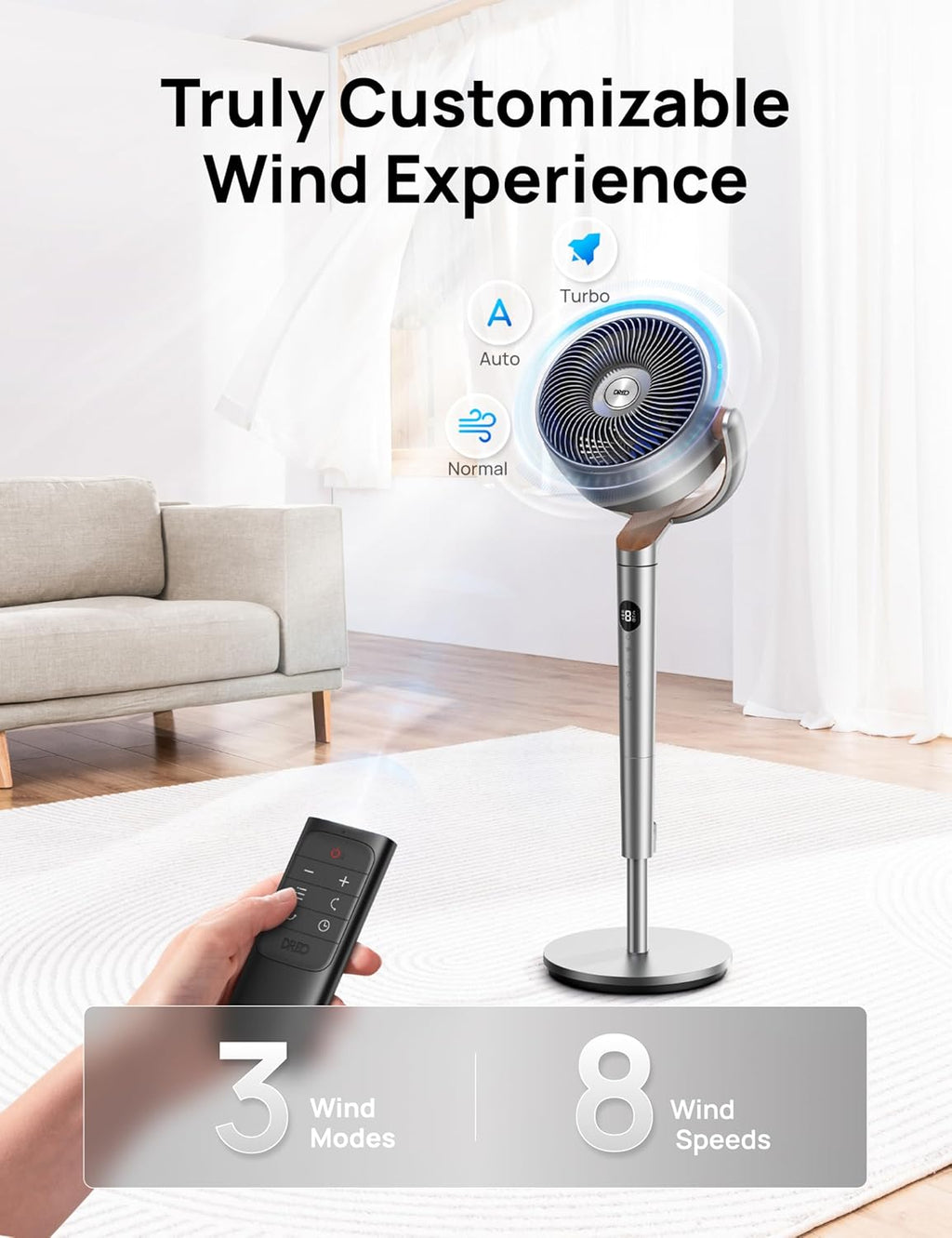 DREO 20 dB Smart Ventilateur Silencieux sur Pied, Oscillation à 120° + 120°, Ventilateurs Puissants avec Télécommande, Portée de 24 m, 6 Modes, 8 Vitesses, Minuterie de 12 h, Compatible avec Alexa