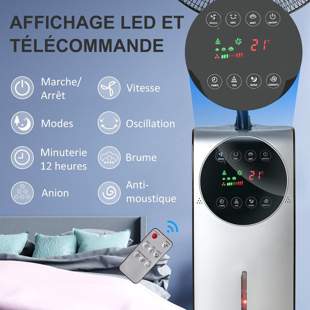 HOMCOM Ventilateur brumisateur silencieux 90 W, ventilateur sur pied 135 cm avec 3 modes 3 vitesses, télécommande, minuterie 12H, oscillation à 70°, écran LED, réservoir d'eau de 3,1L, gris et noir