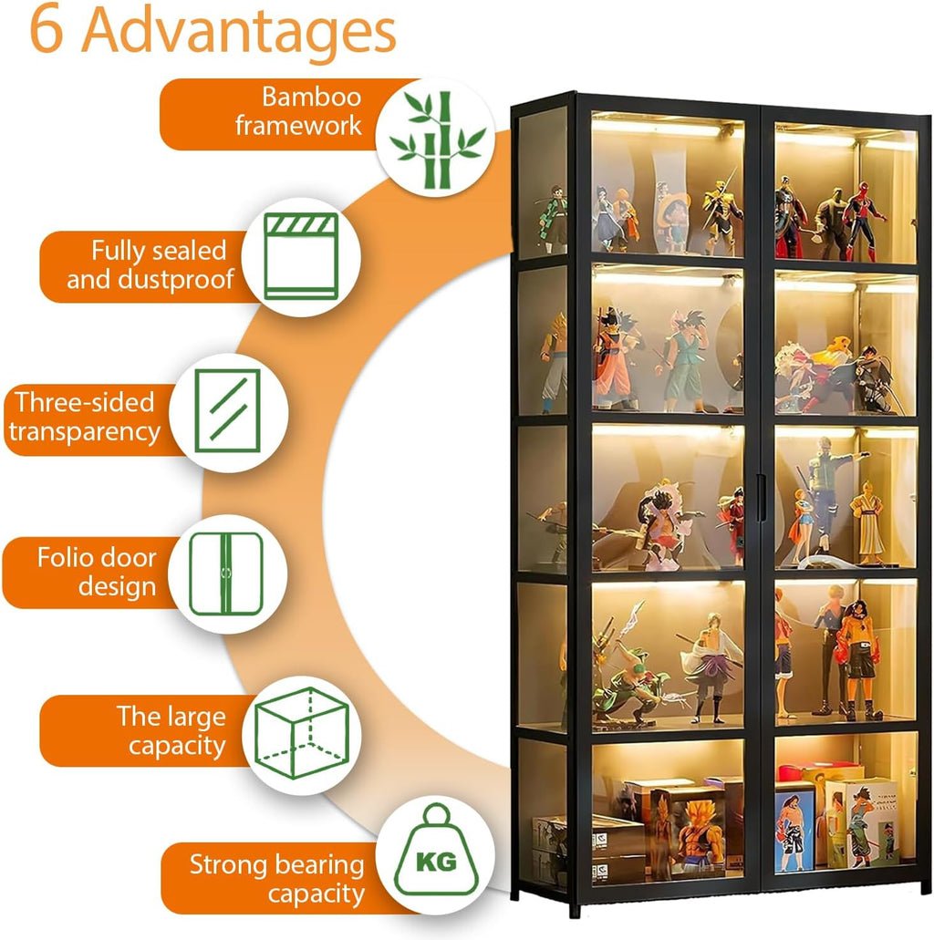 Vitrine avec porte en verre acrylique, vitrine curio à 5 niveaux pour objets de collection, double ouverture noire