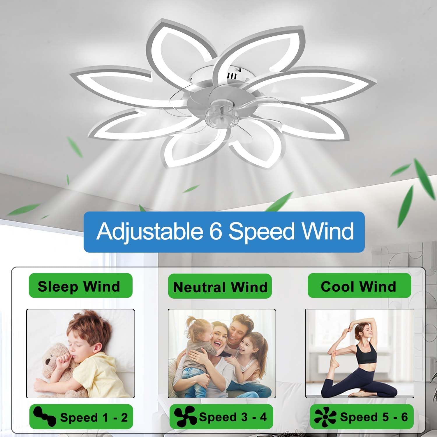YUNZI Sourdine Ventilateur de Plafond avec lumière avec télécommande, LED Dimmable Lampe de Plafond Moderne Ventilateur de Plafond pour Salon Chambre à Coucher, Réglable 6 Vitesses, Blanc 90CM