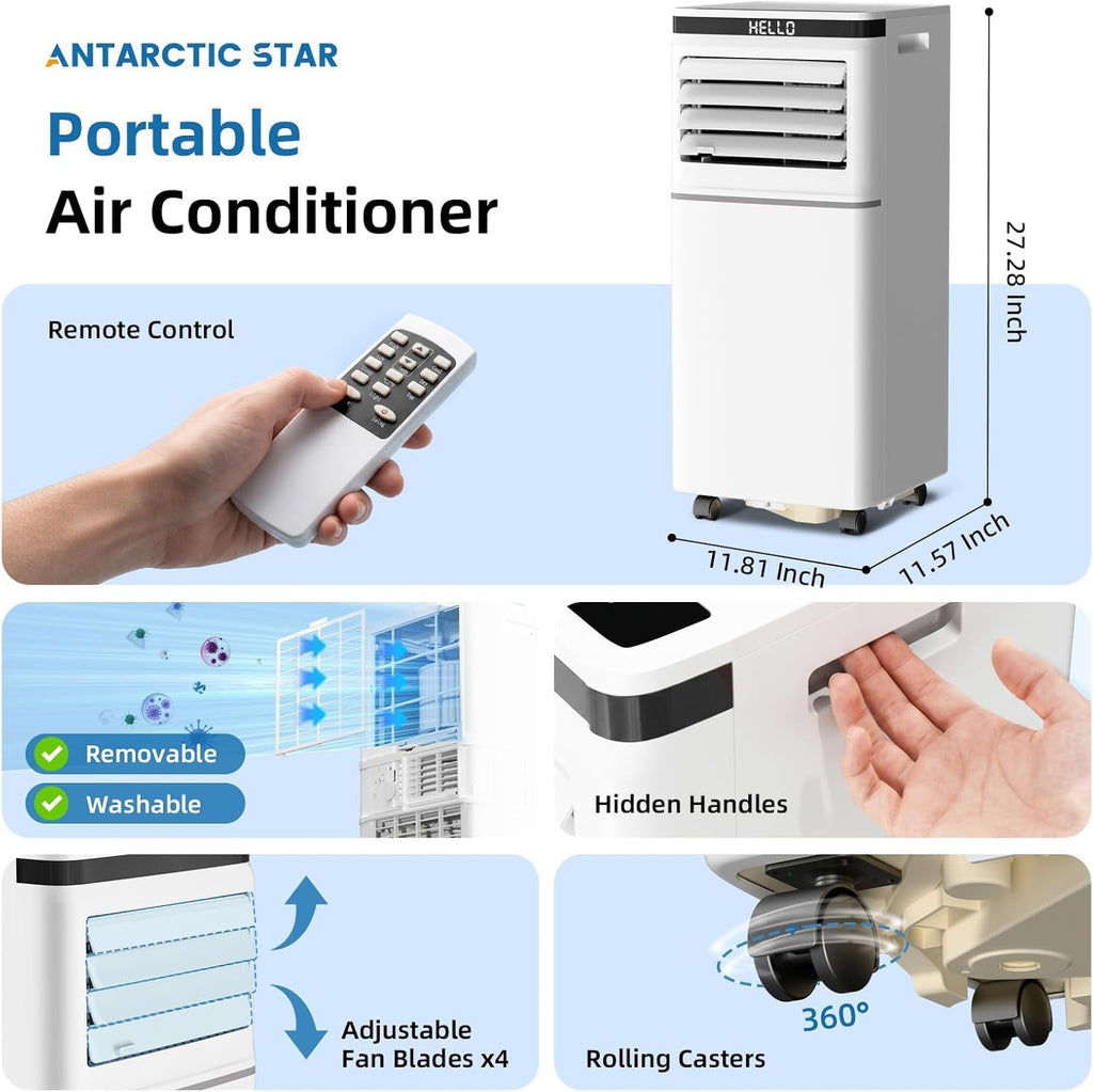 Climatiseur portable 8000 BTU, télécommande, mode ventilateur, refroidit 350 m², minuterie 24 heures, fonctionnement silencieux, fenêtre, 2 vitesses de ventilateur pour chambre à coucher, bureau