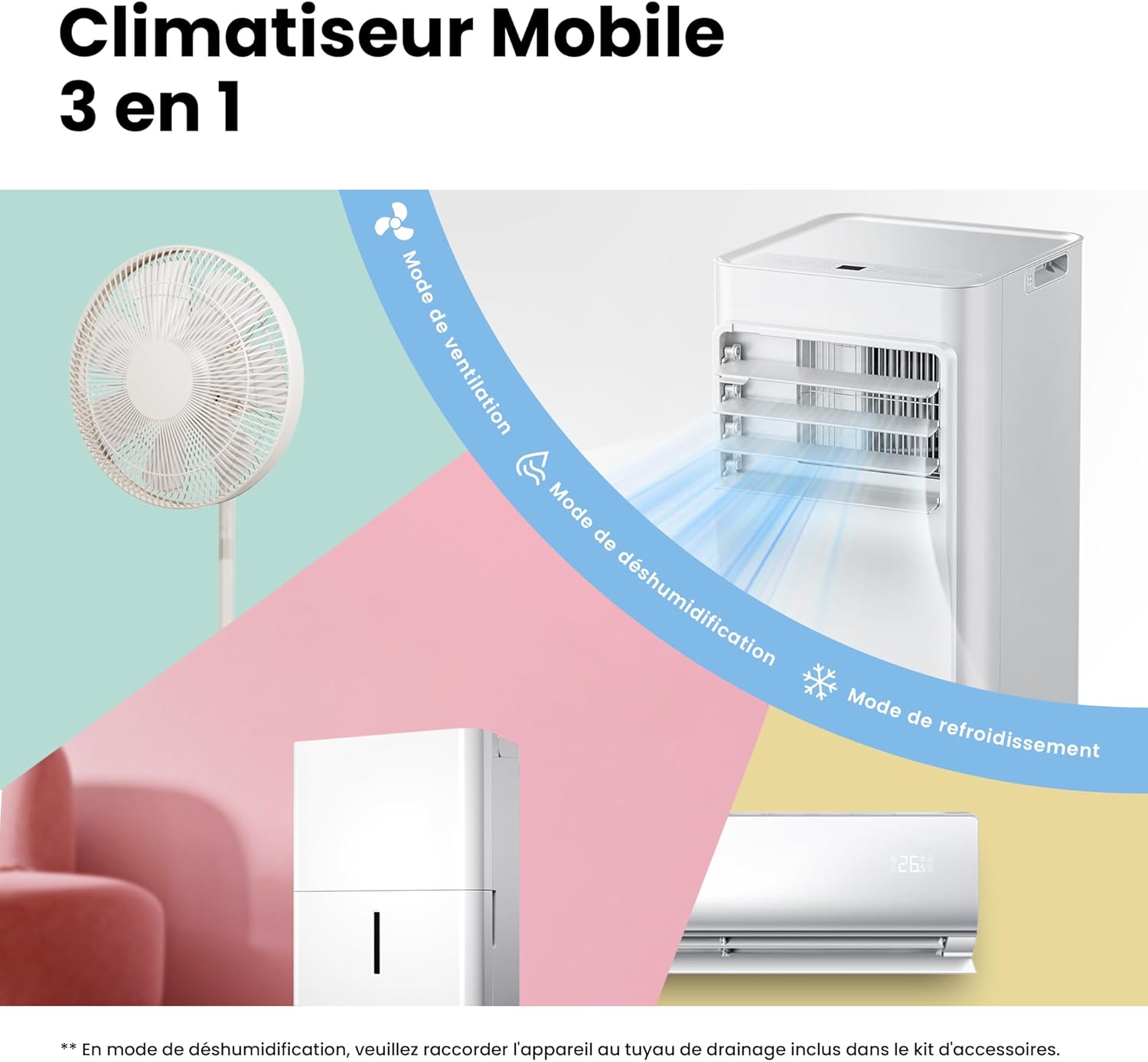 COMFEE' Climatiseur Mobile 9000 BTU/h 2,6kW, Contrôle APP, 3 Modes, 3 Vitesses de ventilation, Dimensions compactes, Pour pièces de 33㎡, Breezy Cool 2.6, Fonctionne avec Alexa