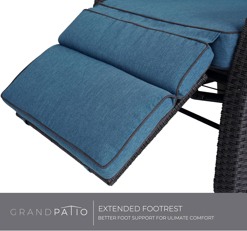 Grand patio Chaise longue inclinable à position réglable avec table rabattable et coussin pour jardin, cour, terrasse, extérieur – Coussin bleu paon et osier marron