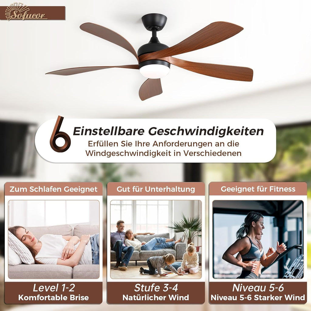 Sofucor Ventilateur Plafond avec Lumiere et Telecommande, 132 cm Dimmable Lampe Ventilateur Plafond LED, 6 Vitesses, DC Silencieux Réversibles, Minuterie, pour Chambre