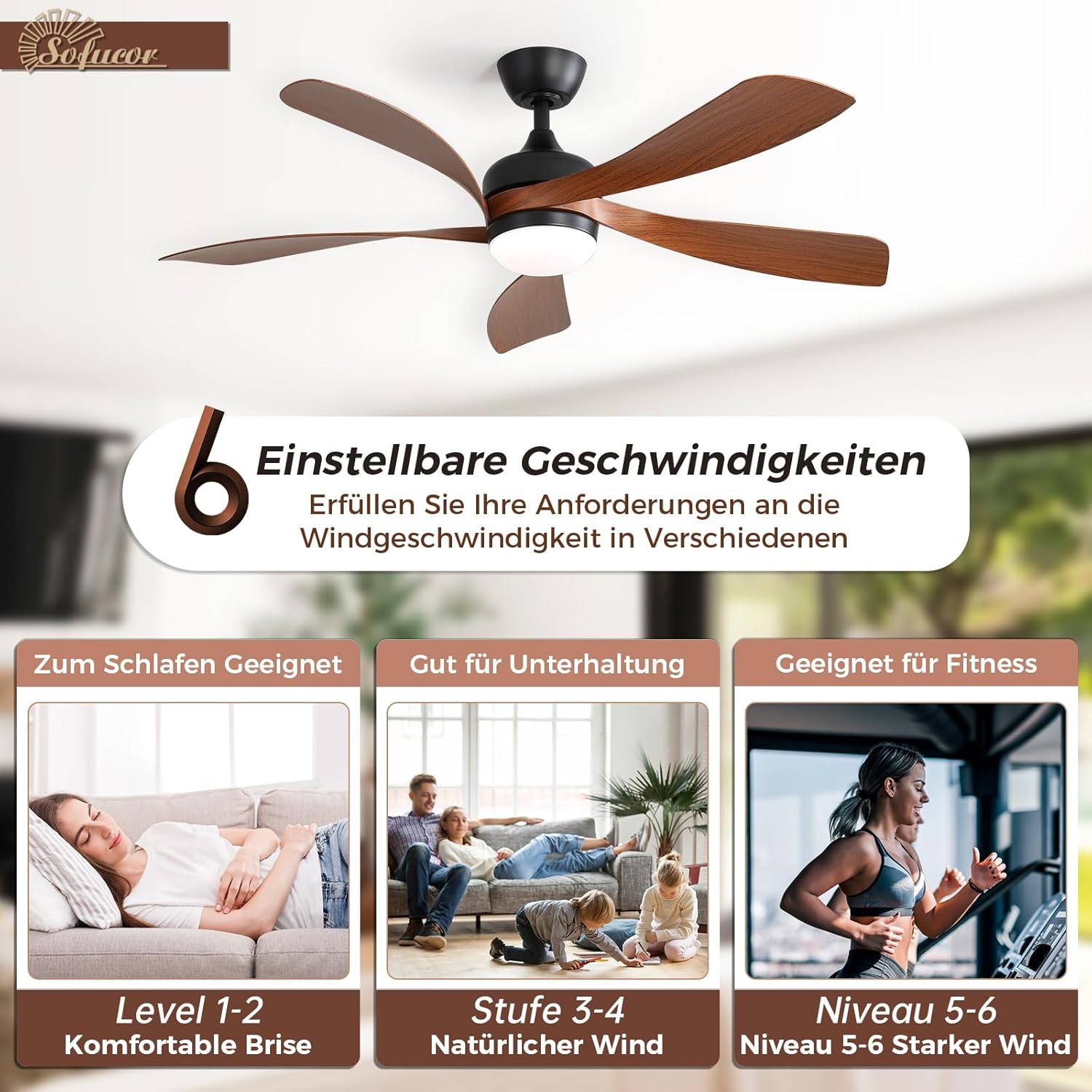 Sofucor Ventilateur Plafond avec Lumiere et Telecommande, 132 cm Dimmable Lampe Ventilateur Plafond LED, 6 Vitesses, DC Silencieux Réversibles, Minuterie, pour Chambre