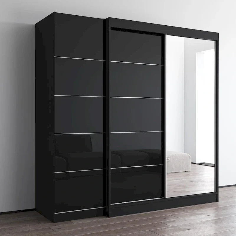 2-Door Wardrobe with Mirror, Glass Front, 2-Person (Gray / Black / White)