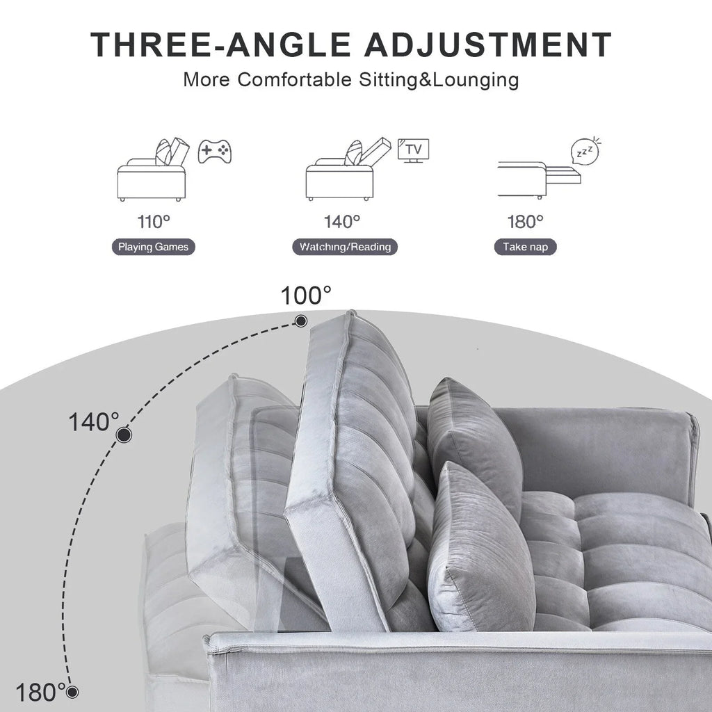 Modern Pull-Out Couch Bed, 3-in-1 Sleeper Sofa with Adjustable Backrest, Velvet Loveseat, Pillows & Side Pockets