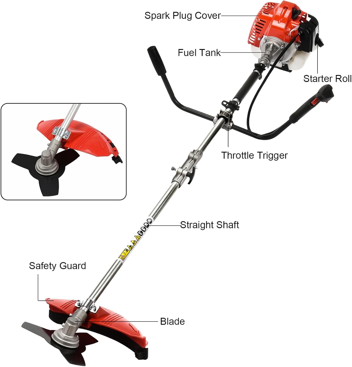 Bordures et Débroussailleuse à Essence 52CC 2.2KW - Tronçonneuse Portative à Moteur 2 Temps - Tête Fil et Lame 3 Dents Incluses - 8500 TR/Min pour Hautes Herbes et Ronces Rouge
