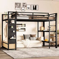 Full/Queen Size Metal Loft Bed Frame, All-In-One with Wardrobe, Storage Shelves & Pegboard, Black - ModernLuxe