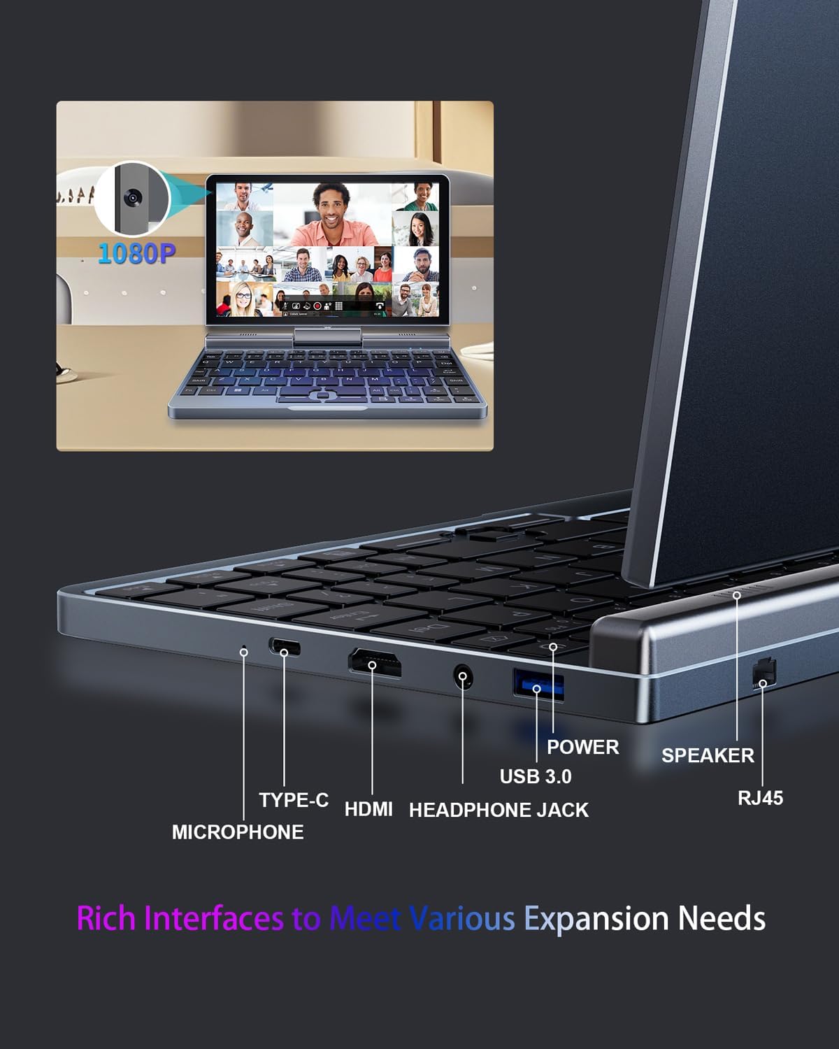 Mini Ordinateur Portable 2 en 1 de 20,3 cm, écran Tactile Rotatif HD, Prend en Charge l'écriture Manuscrite Windows 11 Pro, Petit Ordinateur Portable, N150, 12 Go de RAM, 1 to SSD, Wi-FI 6