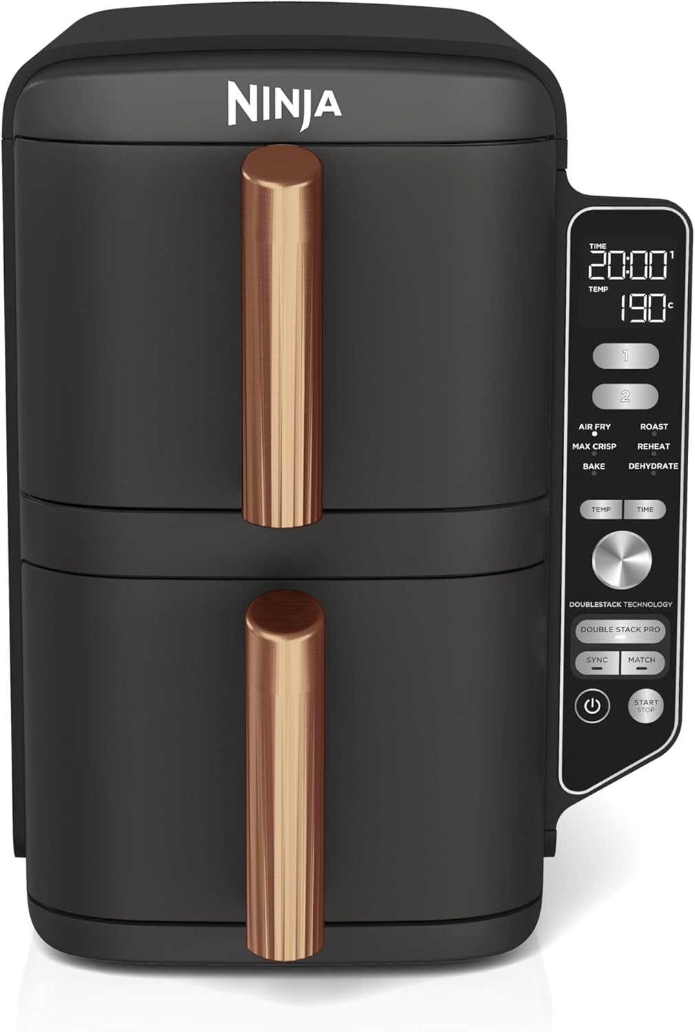 NINJA Double Stack XL Air Fryer 2 Compartiments Verticale, Compact, 4 Niveaux de Cuisson, Capacité de 9,5L, Air Fryer 6-en 1, Pièces Antiadhésives Amovibles Lavables Au Lave-Vaisselle, Noir/Cuivre