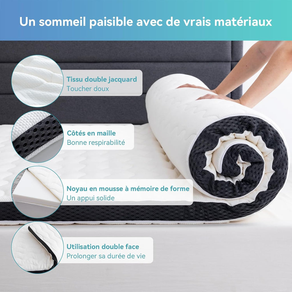 Amazon Basics Surmatelas de Mousse à Mémoire de Forme confortable, Très Moelleux, 160 x 200 x 7 cm, Blanc
