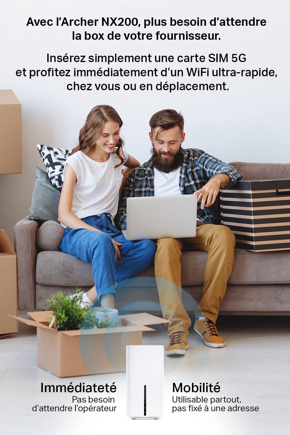 TP-Link Routeur 5G, Routeur WiFi 6 AX1800Mbps, 3 Ports Gigabit, Bi-Bande MU-Mimo, EasyMesh, Connecte Jusqu’à 64 Appareils, Plug-and-Play, Compatible Toutes Les Cartes SIM des opérateurs, Archer NX200