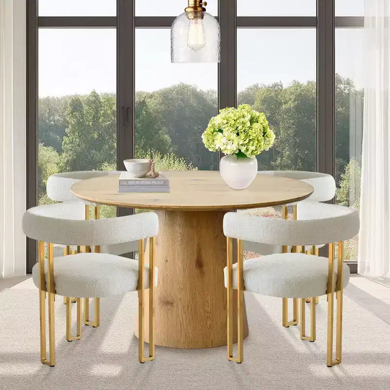 Expandable Round to Oval Dining Table Set with 4 Velvet Armchairs, Modern Pedestal Design, Seats Up to 8 People-Panipeachy