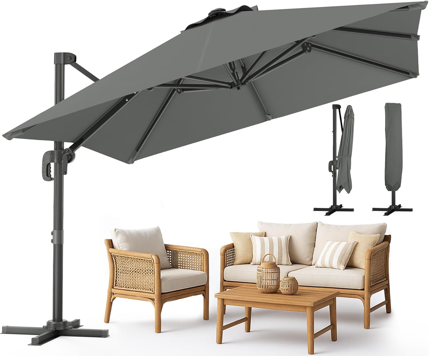 vounot® Parasol Déporté Carré 3x3M avec 8 Baleines Parasol de Jardin Extérieur Rotation 360° Inclinable 6 Positions Toile Polyester Anti UV et Imperméable avec Housse Gris Foncé