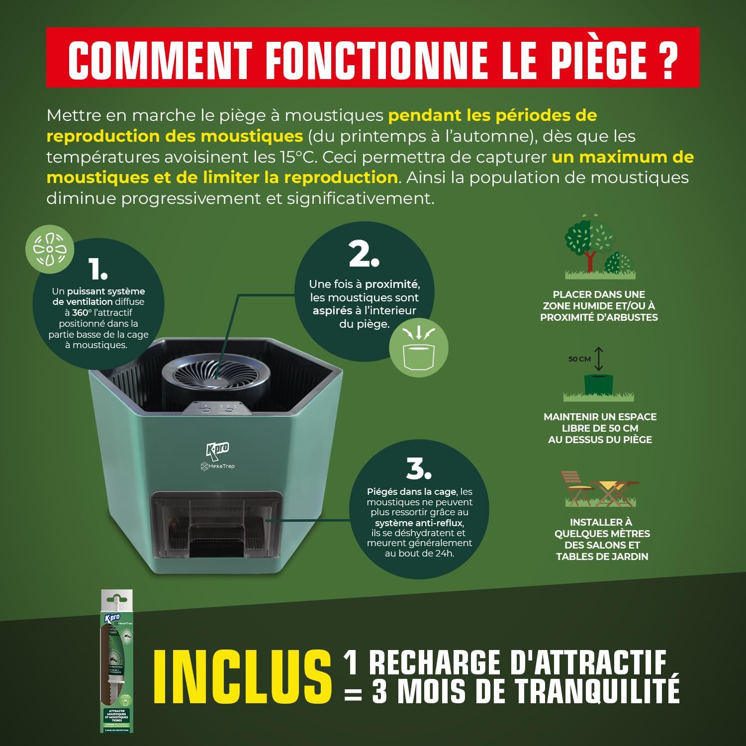 K.PRO Piège à Moustiques Exterieur avec 1 seringue d'attractif. Attire et Capture Les moustiques et Assure 3 Mois de tranquillité jusqu'à 300m². Electrique et Programmable, Silencieux et sans Odeur