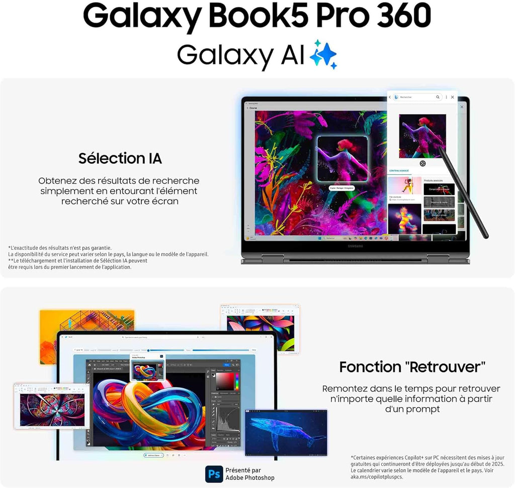 Samsung Galaxy Book5 Pro 360 16", Copilot+ PC, Ordinateur Portable avec IA, Processeur Intel Core Ultra 7, Mémoire 16 Go RAM, Stockage 512 Go, Clavier AZERTY Fr, Anthracite