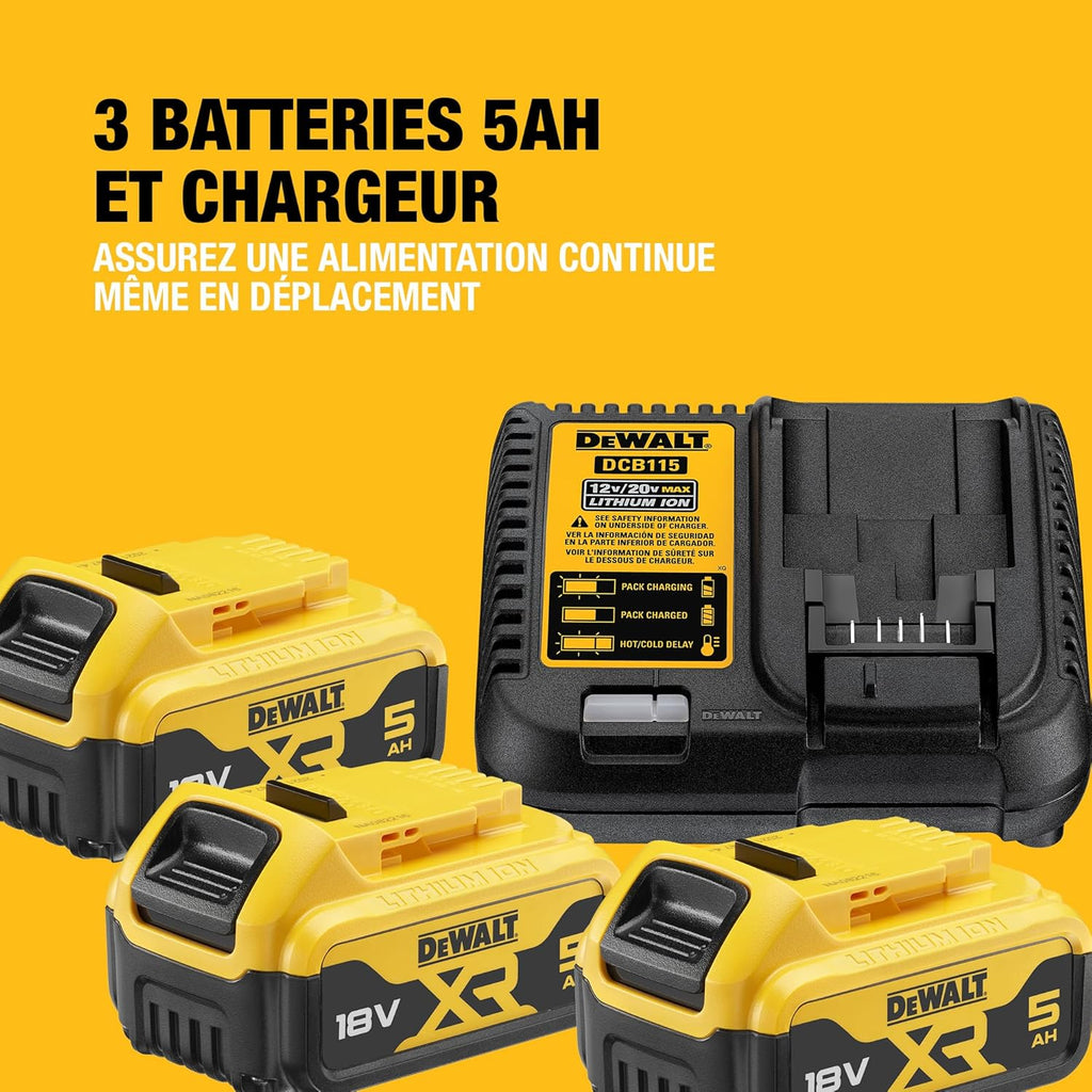 DEWALT - Pack 5 outils XR 18V, 1 perceuse-visseuse, 1 visseuse à chocs à 3 vitesses, 1 scie sauteuse, 1 scie circulaire, 1 lampe LED, 3 batteries 5Ah, 1 chargeur et 2 coffrets TSTAK, DCK551P3T-QW