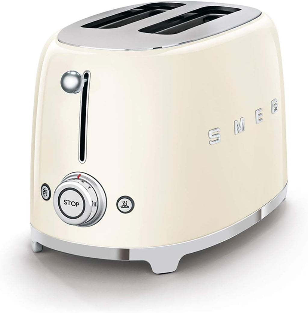 Smeg, Grille-pain 2 Tranches TSF01CREU, 2 Fentes 36 mm, 6 Niveaux de Brunissage, Fonction Chauffage, Décongélation et Bagel, Éjection Automatique du Pain, Ramasse Miettes, 950 W, Crème
