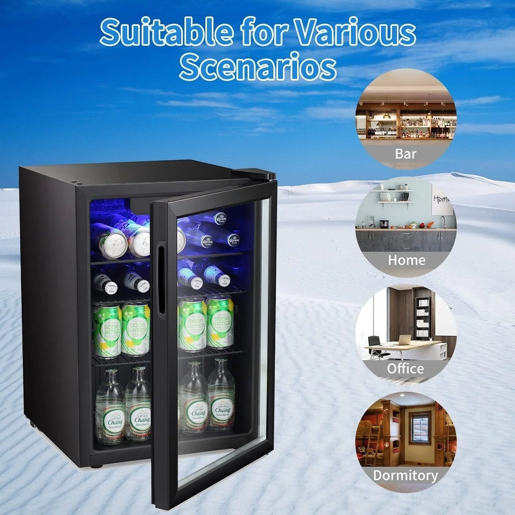 Mini Fridge-100 Can Beverage Refrigerator, Wine Cooler, Clear Front Glass Door, Small Drink Touch Screen - 2.6 Cu. Ft.