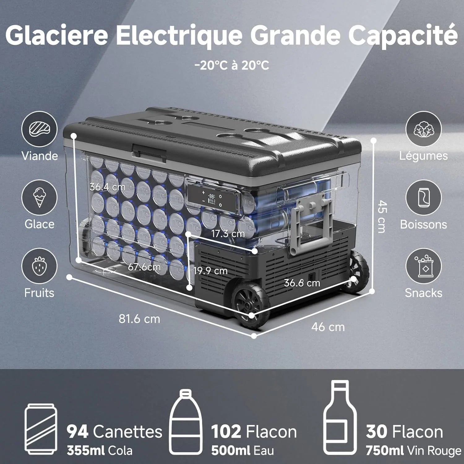 45L Glacière à Compresseur,Glaciere Électrique -20℃ à 20℃,Frigo Camion APP&Bouton Contrôle,12/24V DC et 100-240V AC Glaciere Camping Pour Voiture,Camion,Bateau et Prise De Courant -