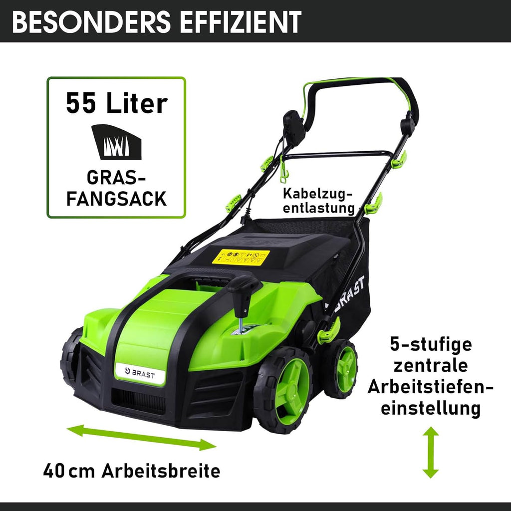 BRAST scarificateur électrique - 1800W largeur de travail 40cm, 2en1 rouleau scarificateur et aérateur, bac 55l - 3 MODÈLES diff. puissances - confortable à manier - scarificateur gazon électrique