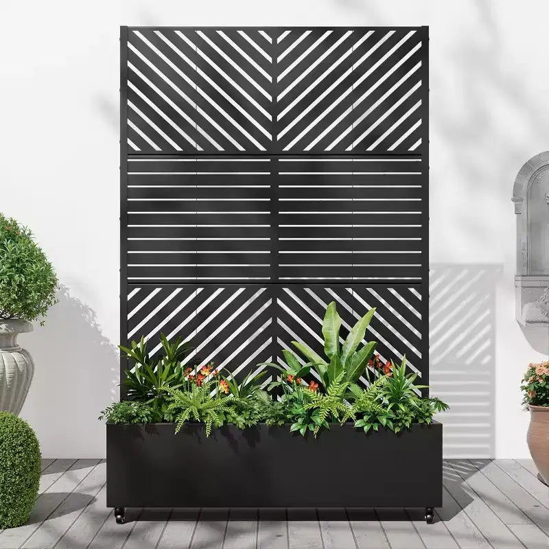 MAYEERTY Planter Box with Trellis Iron Black Parallel Line 01 Louvered Classic Combined Style 72x47x16in 3-Piece Set