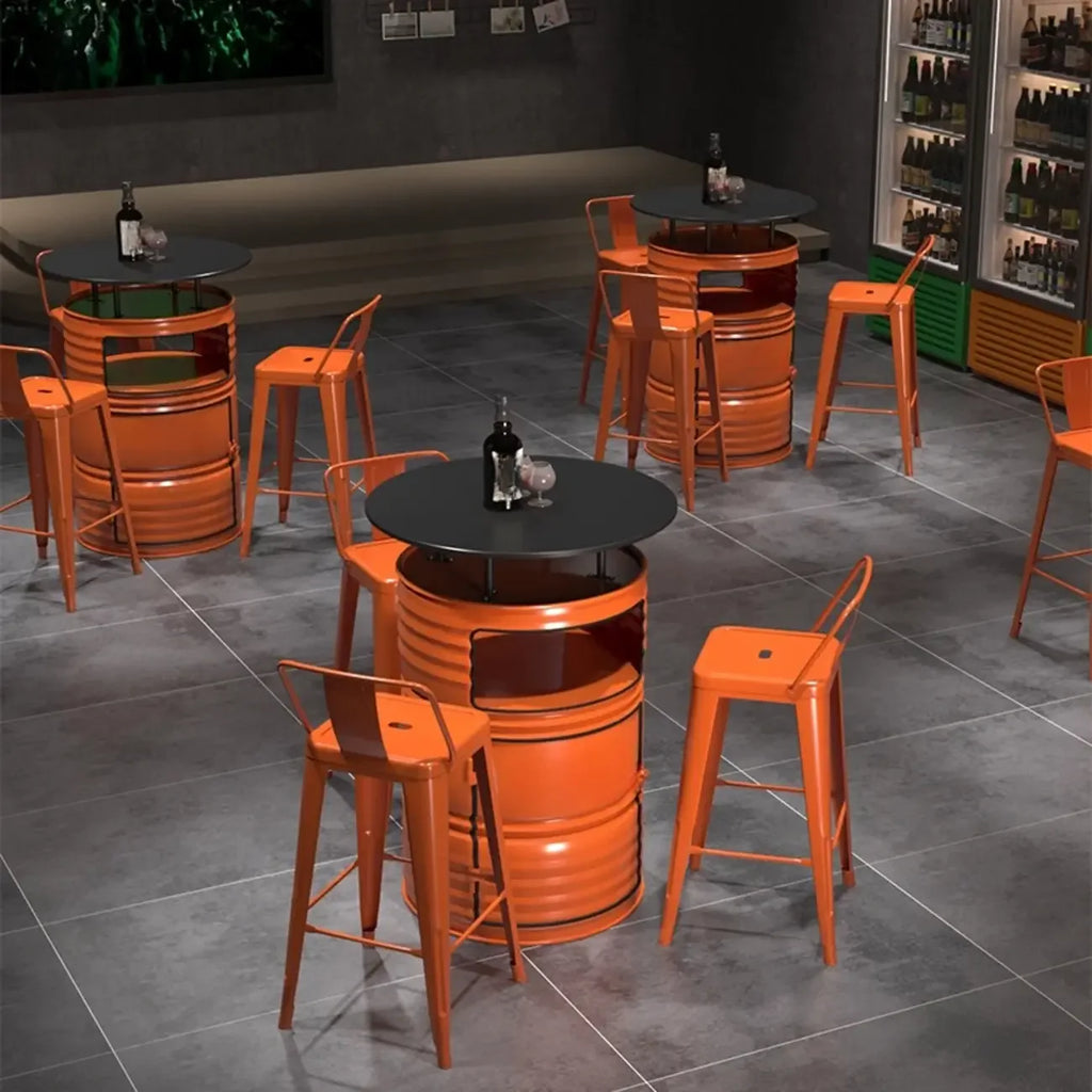 Industrial Black Orange Metal Drum Storage Bar Tables