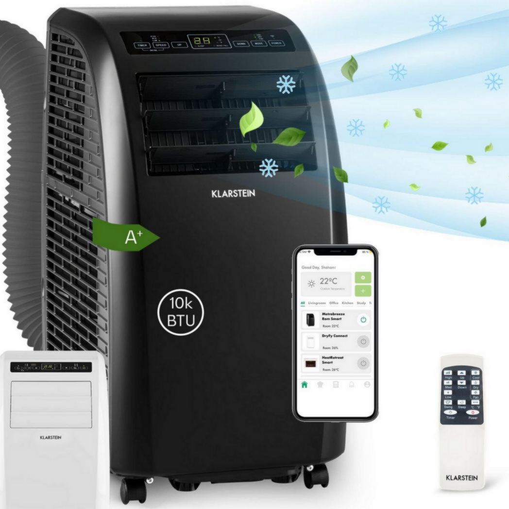 Climatiseur mobile silencieux Klarstein, 4 en 1, mode nuit, déshumidificateur, ventilateur, mini climatiseur basse consommation, évacuation, climatiseur portable, puissant, 10 000 BTU(Noir/10000 BTU Smart)