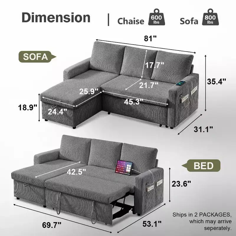 Dyonery 81 Sectional Sleeper Sofa, L-Shaped Pull Out Couch with Reversible Storage Chaise, USB, Reclining Backrest