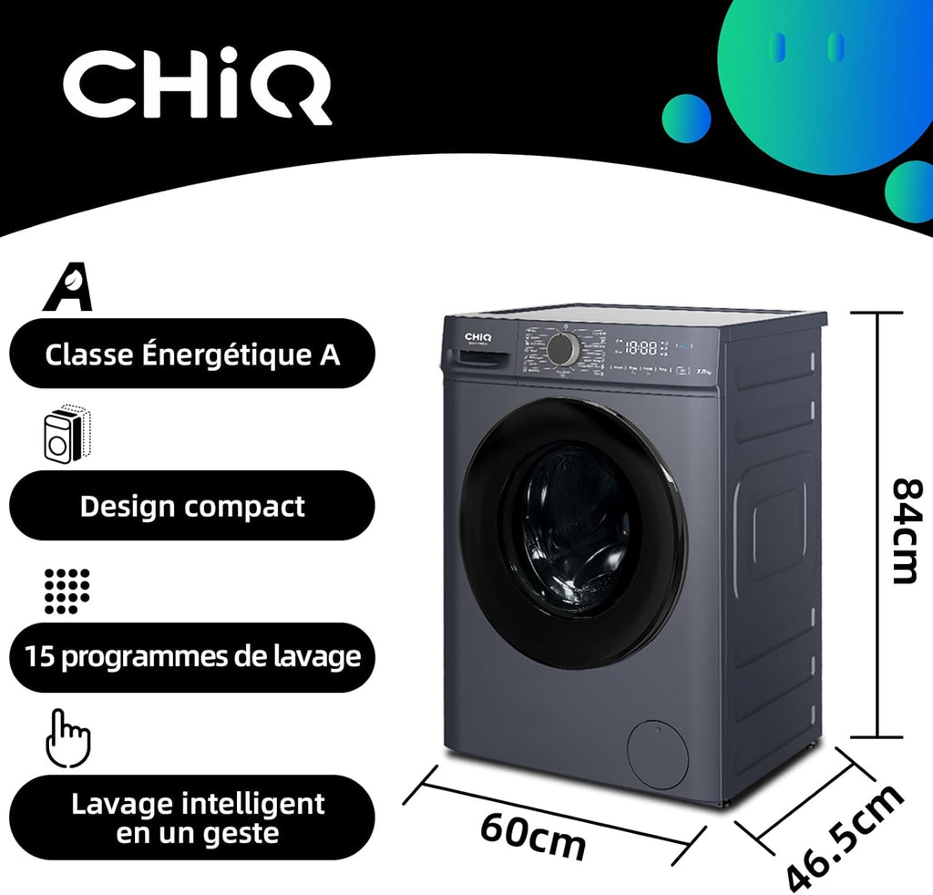 CHiQ CW07123863AX Lave linge hublot - 7kg, Classe énergétique A, Moteur BLDC 1200 RPM, Lavage vapeur & rapide, 15 programmes, Design compact (60x46.5x84cm) - Gris