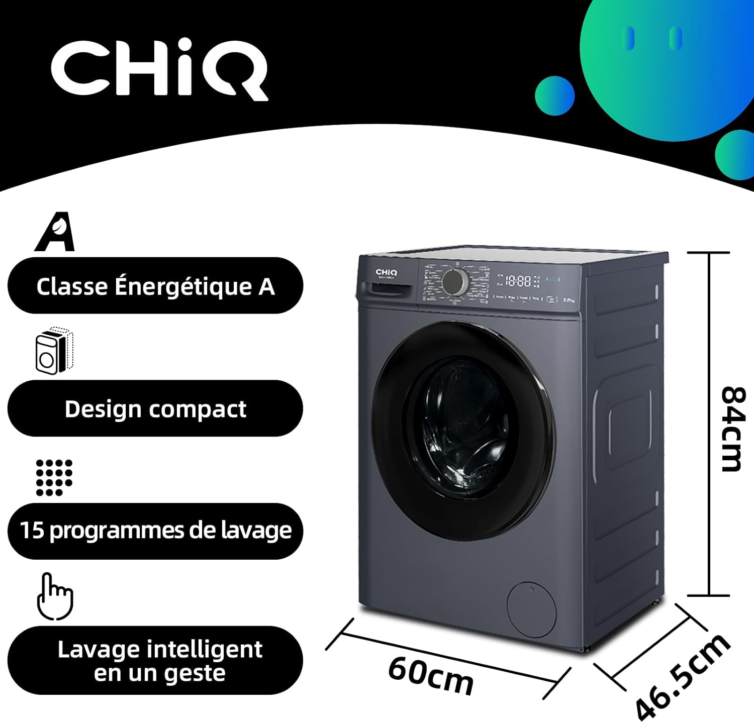 CHiQ CW07123863AX Lave linge hublot - 7kg, Classe énergétique A, Moteur BLDC 1200 RPM, Lavage vapeur & rapide, 15 programmes, Design compact (60x46.5x84cm) - Gris