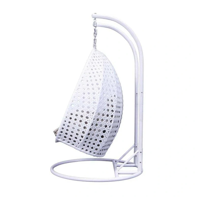 Egg-Shaped Hanging Swing Chair with Metal Stand, Wicker Frame & Cushion �C Beige / Charcoal Blue / White / Blue / Antique White / Brown / Canvas, Seats 2