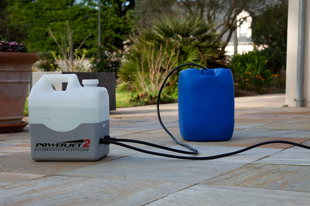 Multirex PowerJet 2 pulvérisateur électrique 12 V, portée 10 m, autonomie 5 h, pompe 5,5 bar avec pressostat, lance carbone 1,5 m, 7 buses, aspiration externe, démoussage toitures/façades